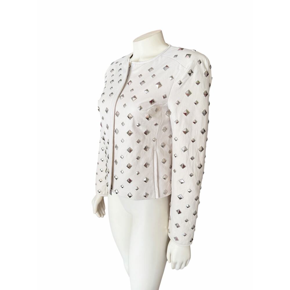 Diane Von Furstenberg Kate Leather Studded Cream Silver Jacket Sz 2 - Picture 8 of 16